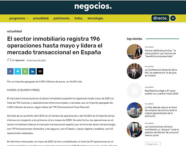 El sector inmobiliario registra 196 operaciones hasta mayo y lidera el mercado transaccional en Espaa